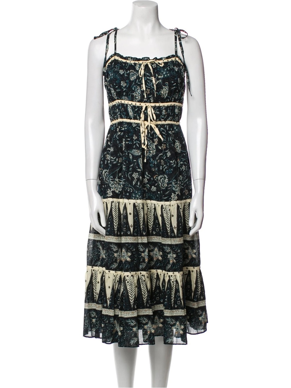 Christian Lacroix Bohemian Navy and Cream Tiered Midi Dress with Tie Details - Picture 4 of 11